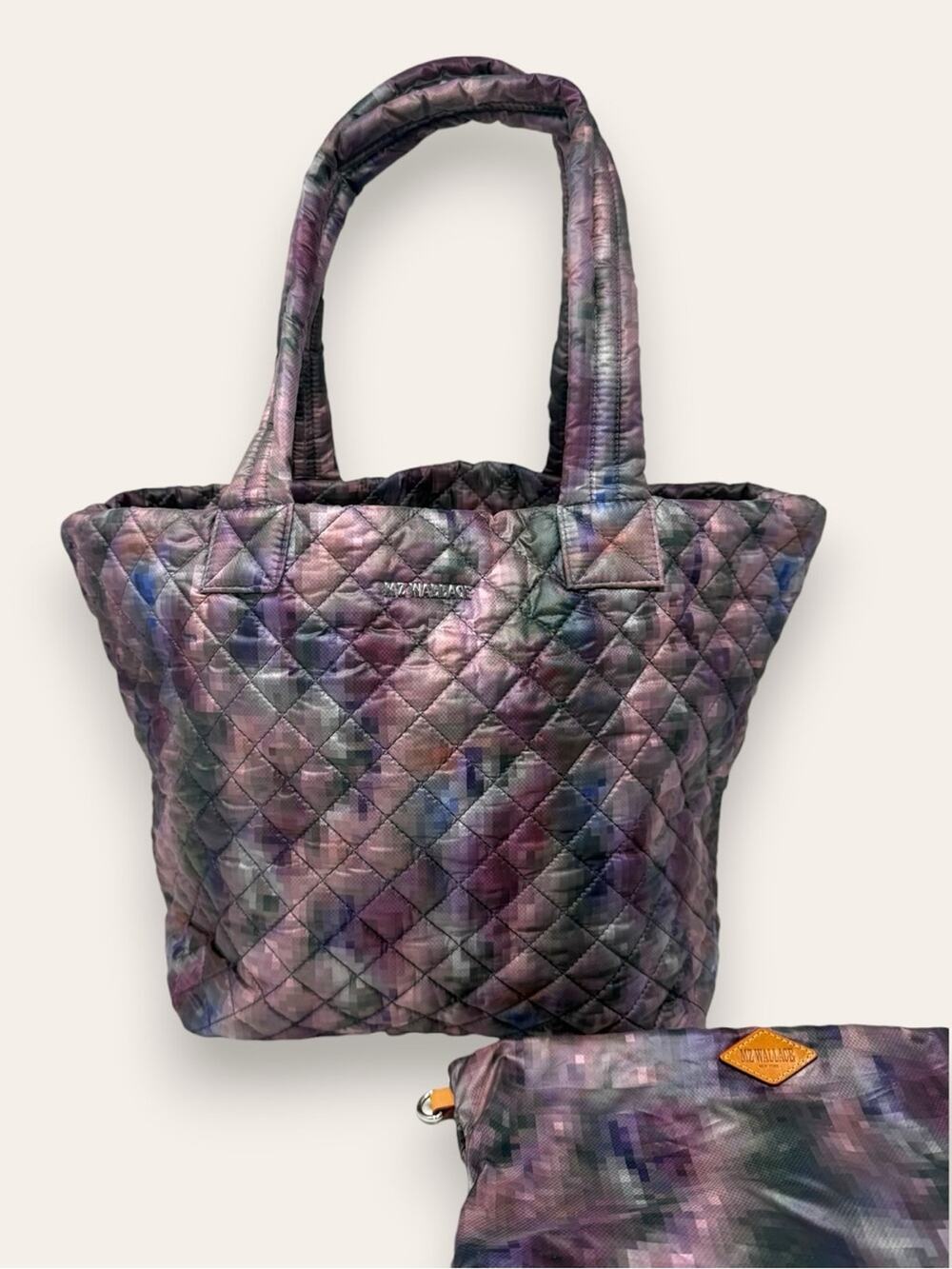 MZ Wallace Oxford Metro Tote Bag Pixel Print Medium Dual Handle Purple Indigo